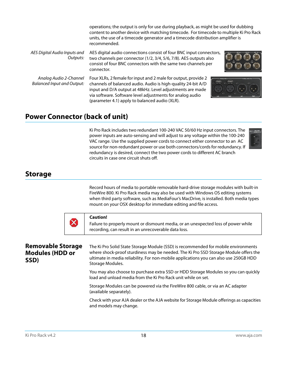 Power connector (back of unit), Storage, Removable storage modules (hdd or ssd) | Power connector (back of unit) storage | AJA Ki Pro Rack User Manual | Page 18 / 111