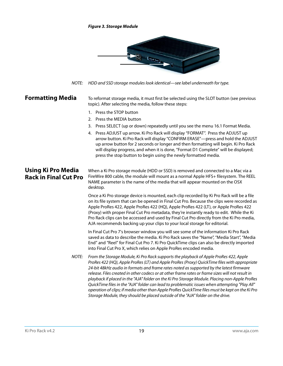 Formatting media, Using ki pro media rack in final cut pro | AJA Ki Pro Rack User Manual | Page 19 / 111