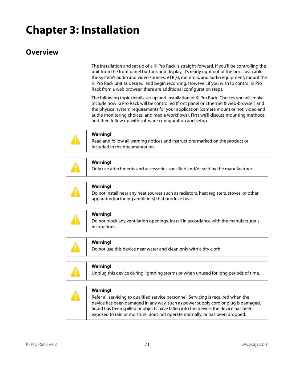 Overview, Chapter 3: installation | AJA Ki Pro Rack User Manual | Page 21 / 111