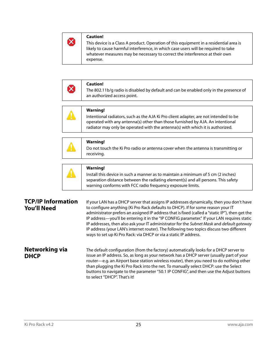 Tcp/ip information you’ll need, Networking via dhcp, Tcp/ip information you’ll need networking via dhcp | AJA Ki Pro Rack User Manual | Page 25 / 111