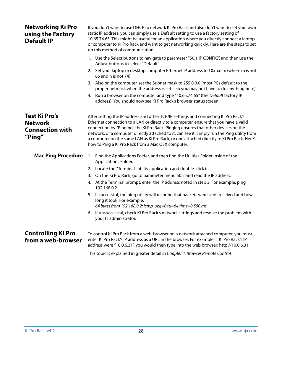 Networking ki pro using the factory default ip, Test ki pro’s network connection with “ping, Mac ping procedure | Controlling ki pro from a web-browser | AJA Ki Pro Rack User Manual | Page 28 / 111