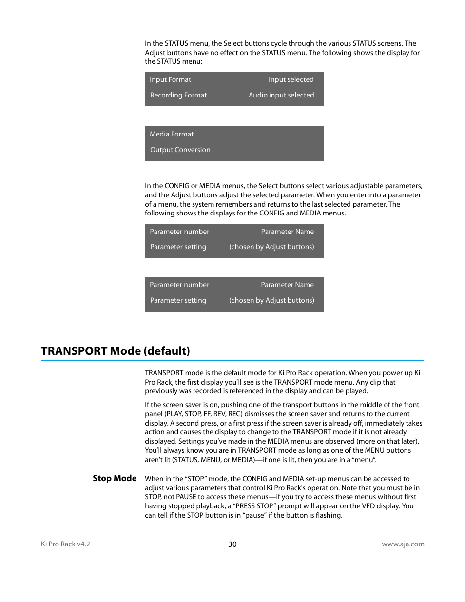 Transport mode (default), Stop mode | AJA Ki Pro Rack User Manual | Page 30 / 111