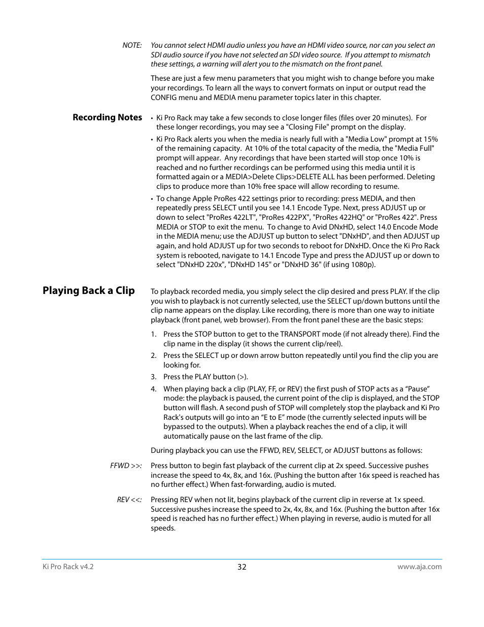 Recording notes, Playing back a clip | AJA Ki Pro Rack User Manual | Page 32 / 111