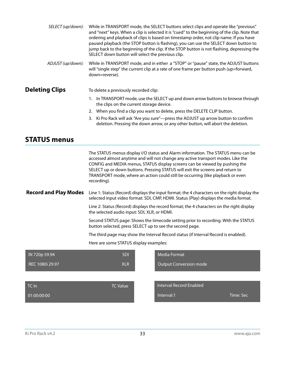 Deleting clips, Status menus, Record and play modes | AJA Ki Pro Rack User Manual | Page 33 / 111