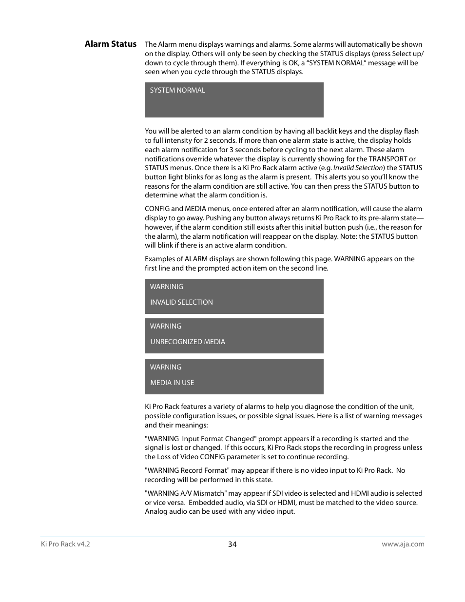 Alarm status | AJA Ki Pro Rack User Manual | Page 34 / 111