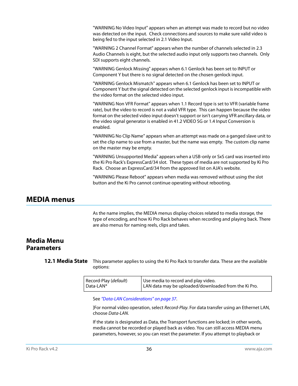 Media menus, Media menu parameters, 1 media state | AJA Ki Pro Rack User Manual | Page 36 / 111