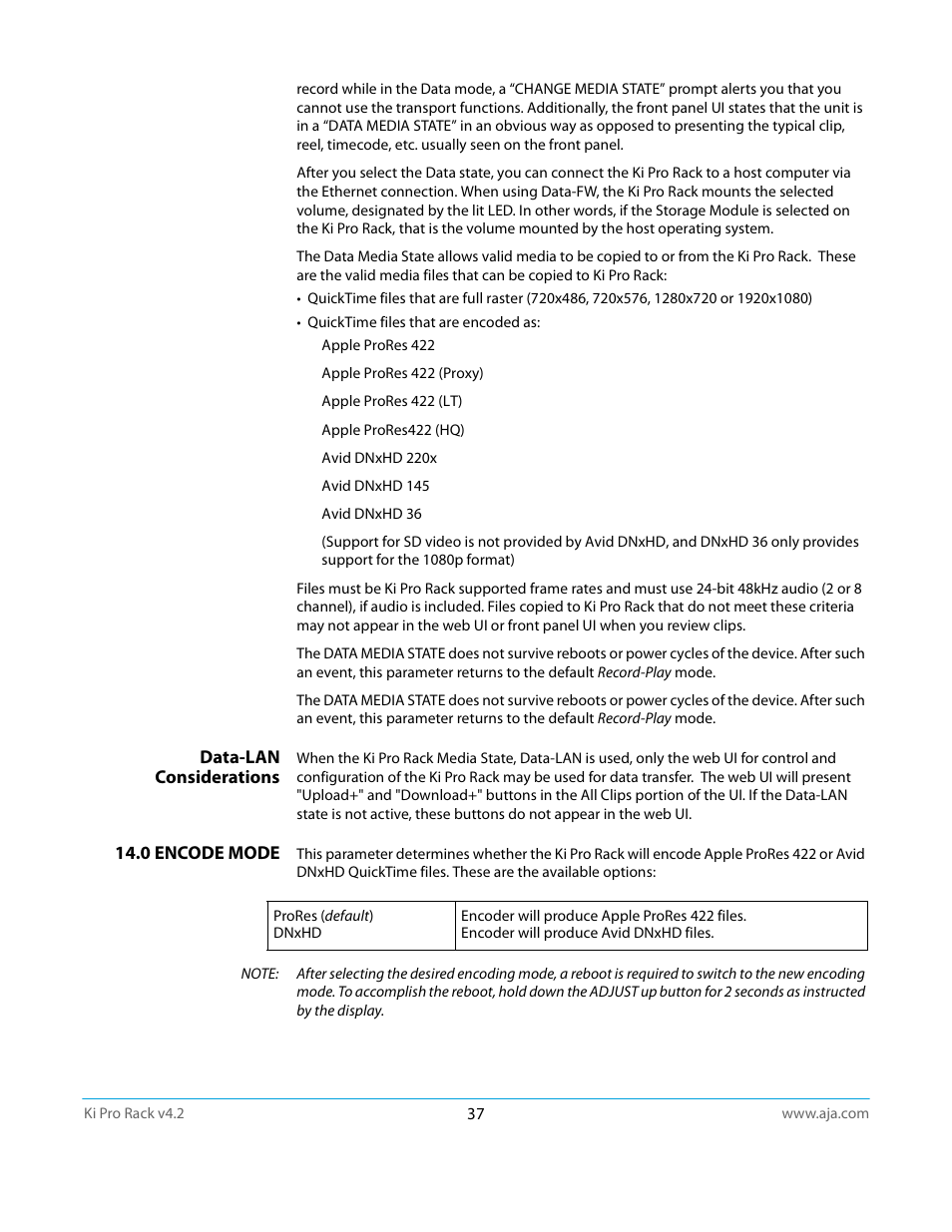 Data-lan considerations, 0 encode mode, Data-lan considerations 14.0 encode mode | AJA Ki Pro Rack User Manual | Page 37 / 111