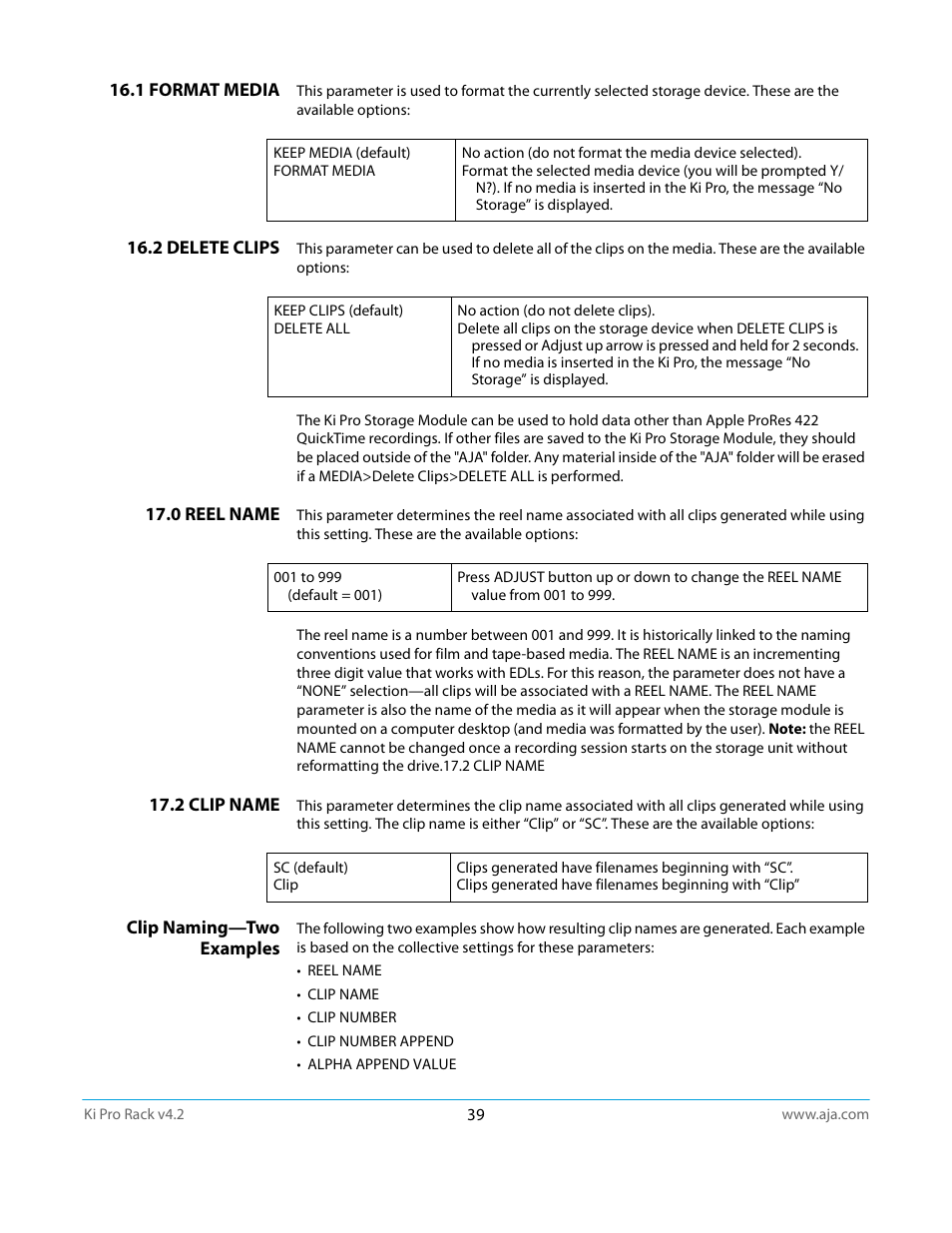 1 format media, 2 delete clips, 0 reel name | 2 clip name, Clip naming—two examples | AJA Ki Pro Rack User Manual | Page 39 / 111