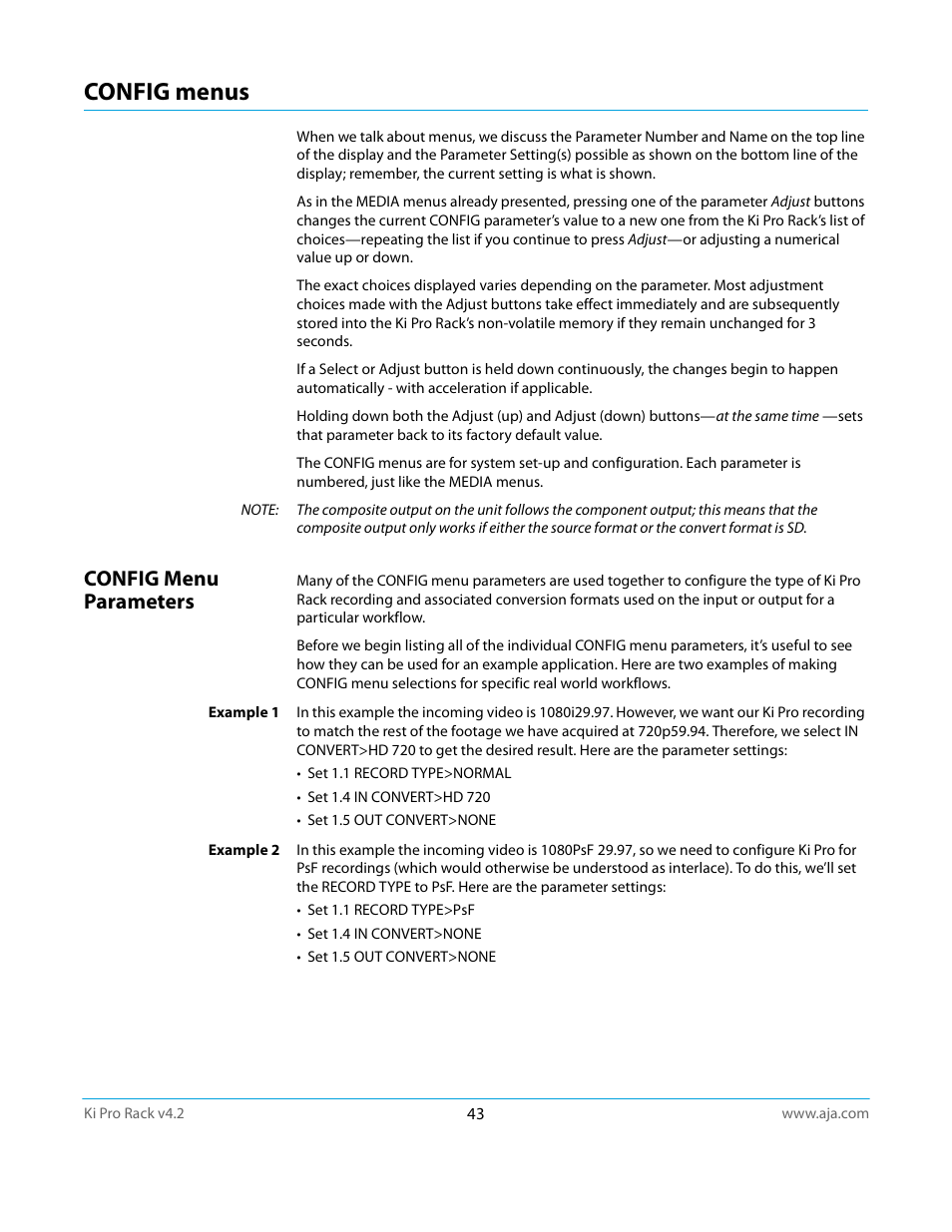 Config menus, Config menu parameters | AJA Ki Pro Rack User Manual | Page 43 / 111