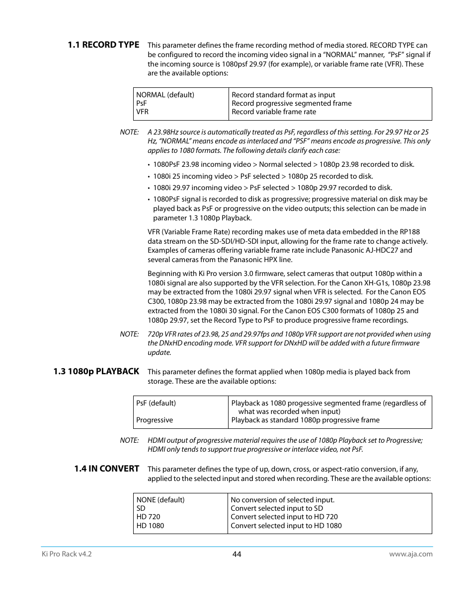 1 record type, 3 1080p playback, 4 in convert | 1 record type 1.3 1080p playback 1.4 in convert | AJA Ki Pro Rack User Manual | Page 44 / 111