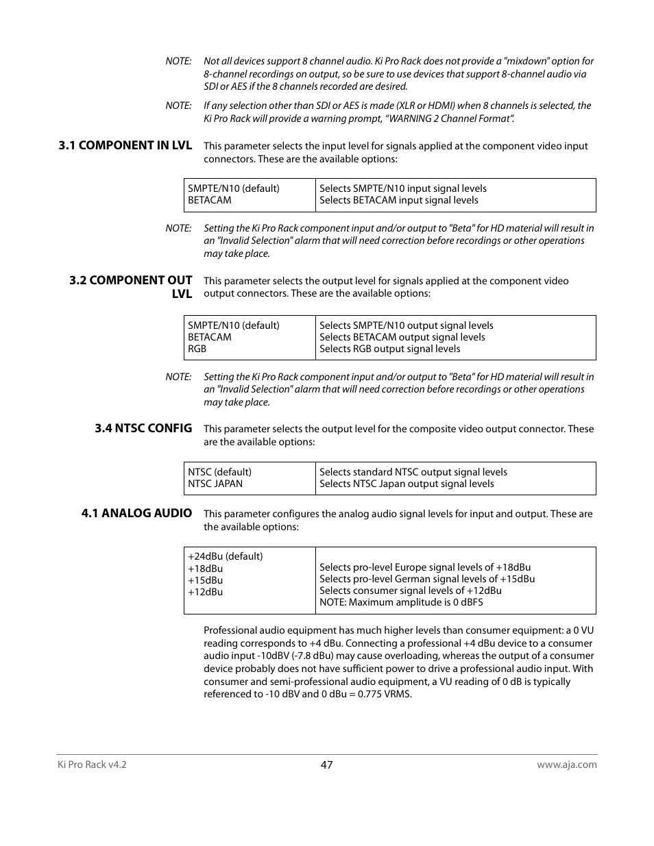 1 component in lvl, 2 component out lvl, 4 ntsc config | 1 analog audio | AJA Ki Pro Rack User Manual | Page 47 / 111