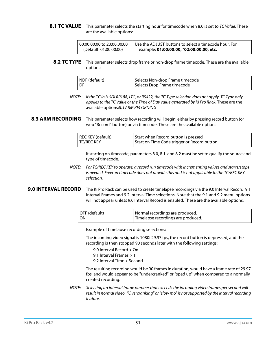 1 tc value, 2 tc type, 3 arm recording | 0 interval record | AJA Ki Pro Rack User Manual | Page 51 / 111