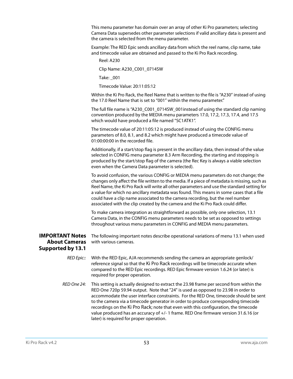 Important notes about cameras supported by 13.1 | AJA Ki Pro Rack User Manual | Page 53 / 111