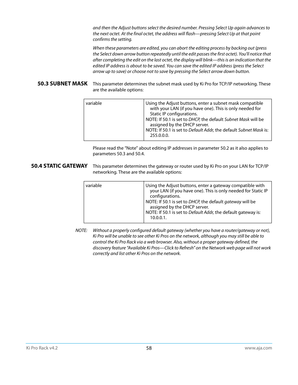 3 subnet mask, 4 static gateway, 3 subnet mask 50.4 static gateway | AJA Ki Pro Rack User Manual | Page 58 / 111