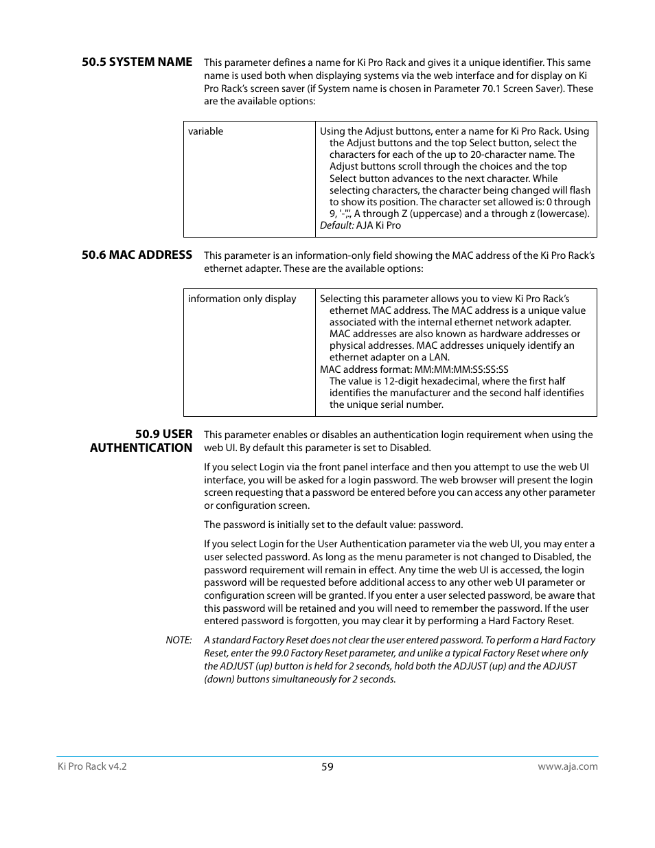 5 system name, 6 mac address, 9 user authentication | AJA Ki Pro Rack User Manual | Page 59 / 111