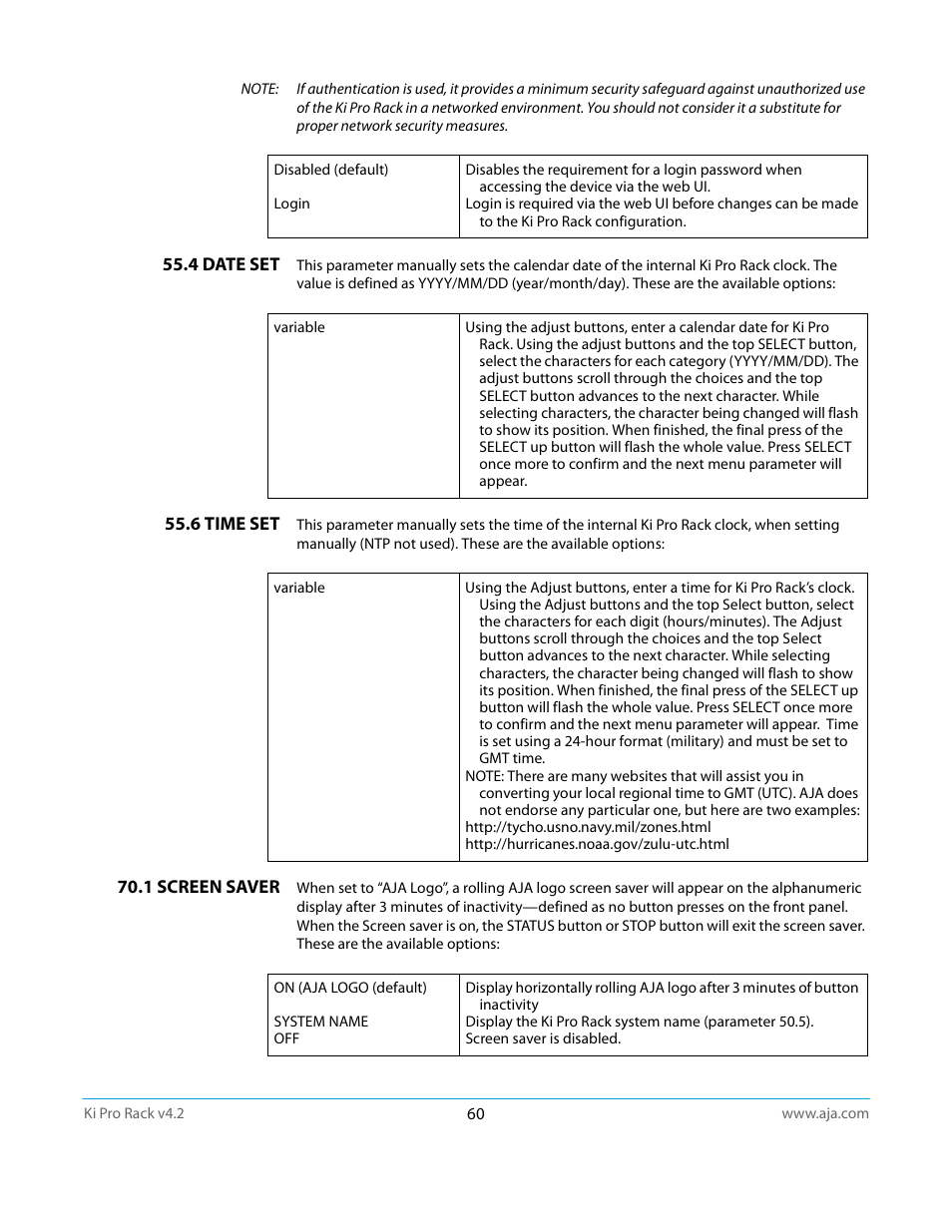 4 date set, 6 time set, 1 screen saver | 4 date set 55.6 time set 70.1 screen saver | AJA Ki Pro Rack User Manual | Page 60 / 111