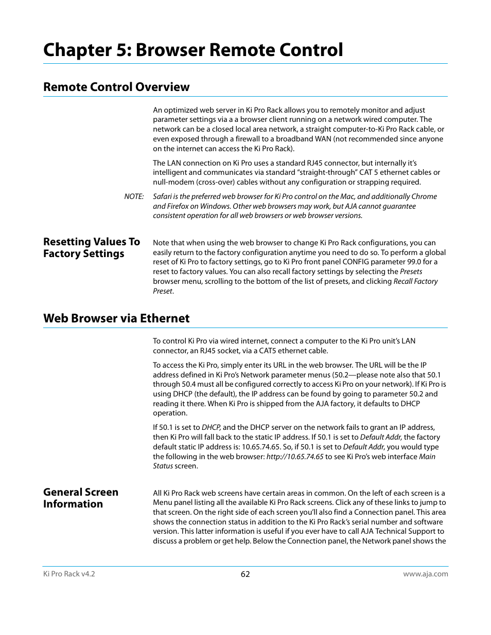 Remote control overview, Resetting values to factory settings, Web browser via ethernet | General screen information, Chapter 5: browser remote control | AJA Ki Pro Rack User Manual | Page 62 / 111