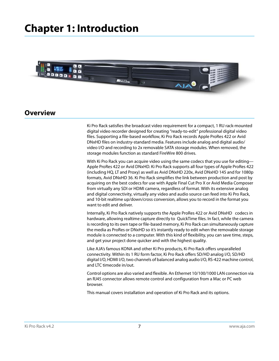 Overview, Chapter 1: introduction | AJA Ki Pro Rack User Manual | Page 7 / 111