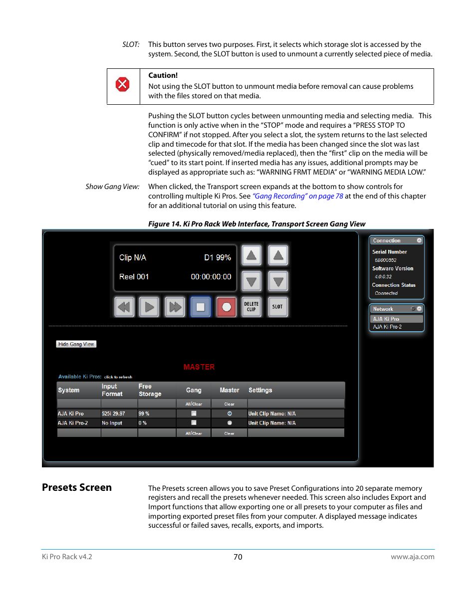 Presets screen | AJA Ki Pro Rack User Manual | Page 70 / 111