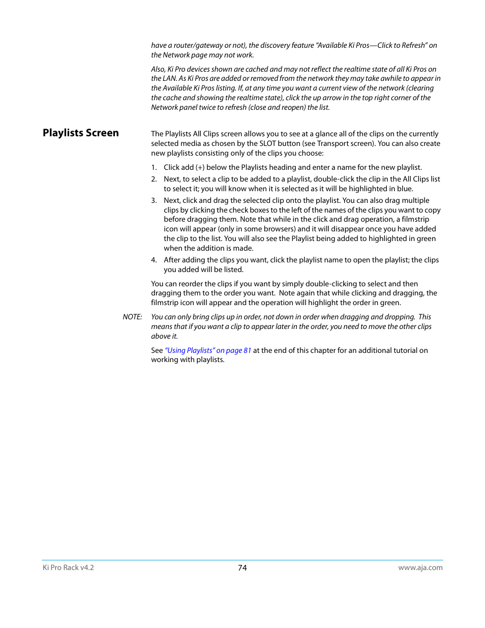Playlists screen | AJA Ki Pro Rack User Manual | Page 74 / 111