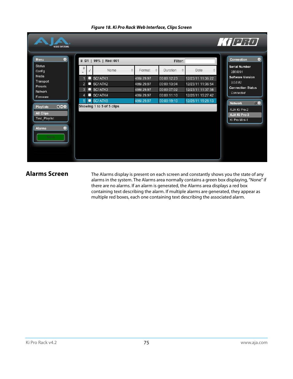 Alarms screen | AJA Ki Pro Rack User Manual | Page 75 / 111