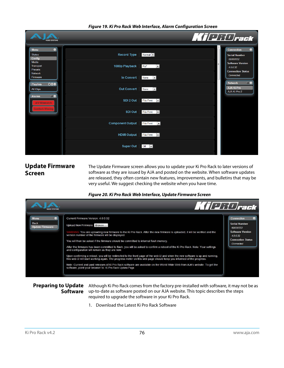 Update firmware screen, Preparing to update software | AJA Ki Pro Rack User Manual | Page 76 / 111