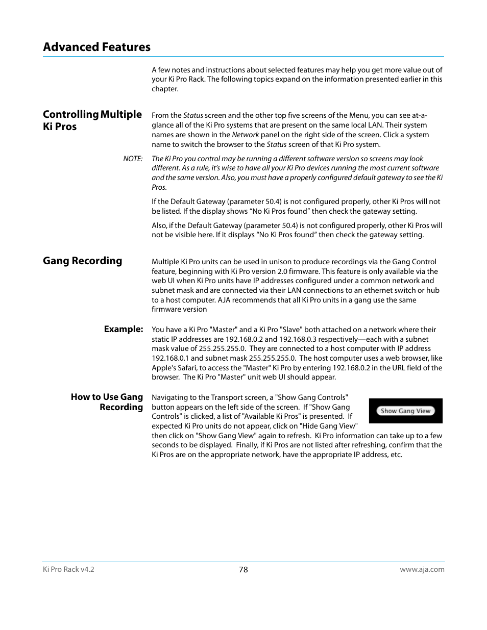 Advanced features, Controlling multiple ki pros, Gang recording | Example, How to use gang recording, Controlling multiple ki pros gang recording, Example: how to use gang recording | AJA Ki Pro Rack User Manual | Page 78 / 111