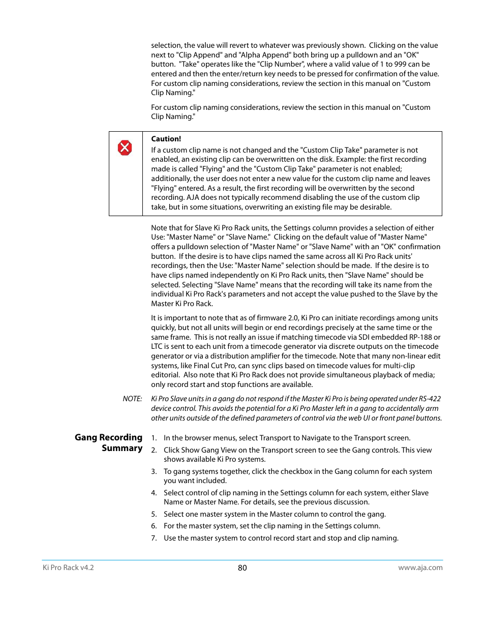 Gang recording summary | AJA Ki Pro Rack User Manual | Page 80 / 111