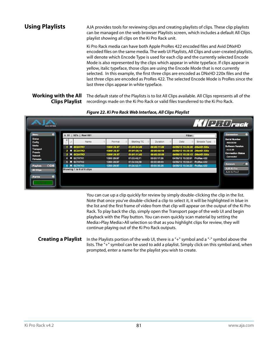 Using playlists, Working with the all clips playlist, Creating a playlist | AJA Ki Pro Rack User Manual | Page 81 / 111