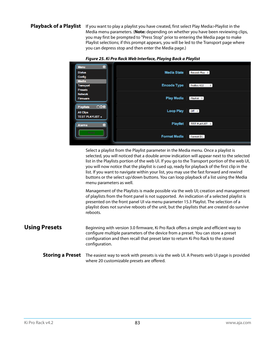 Playback of a playlist, Using presets, Storing a preset | AJA Ki Pro Rack User Manual | Page 83 / 111