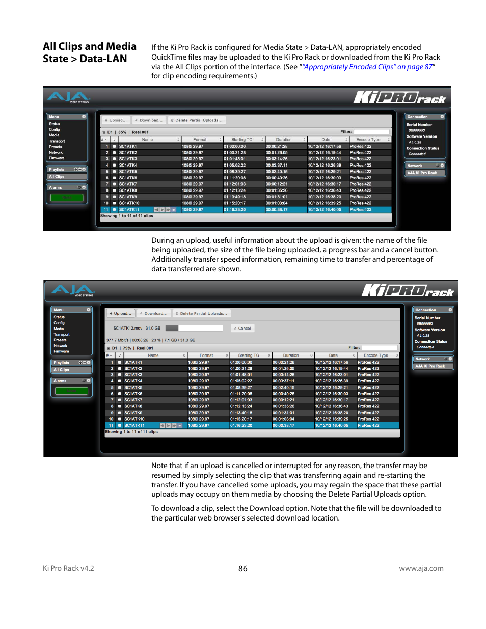 All clips and media state > data-lan | AJA Ki Pro Rack User Manual | Page 86 / 111