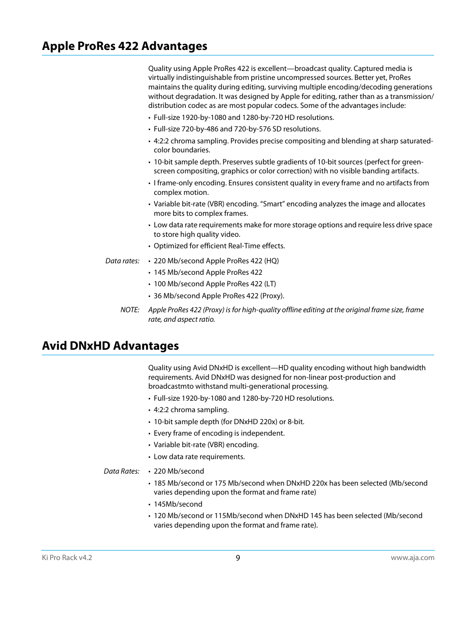 Apple prores 422 advantages, Avid dnxhd advantages, Apple prores 422 advantages avid dnxhd advantages | AJA Ki Pro Rack User Manual | Page 9 / 111