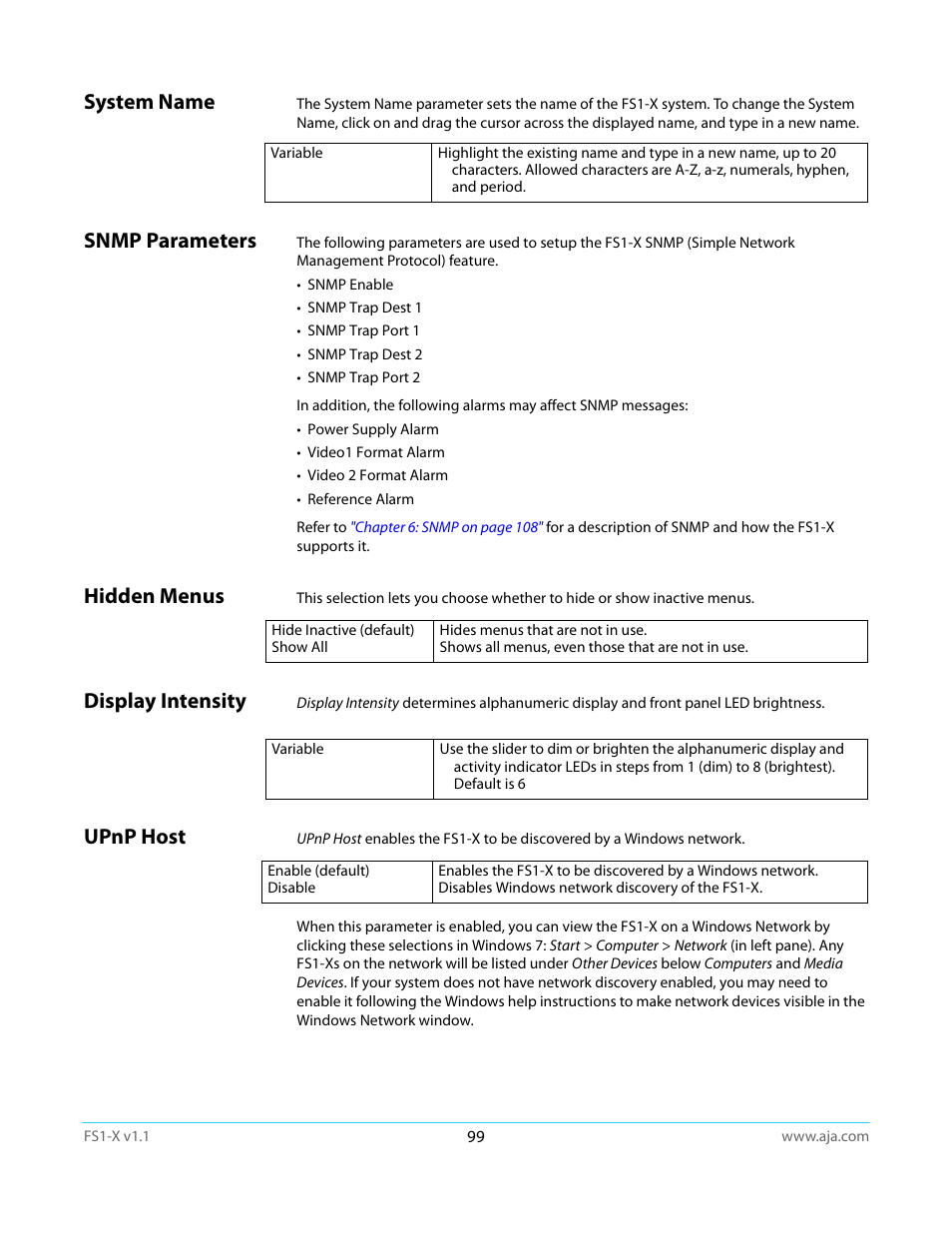 System name, Snmp parameters, Hidden menus | Display intensity, Upnp host | AJA FS1-X Manual User Manual | Page 99 / 137