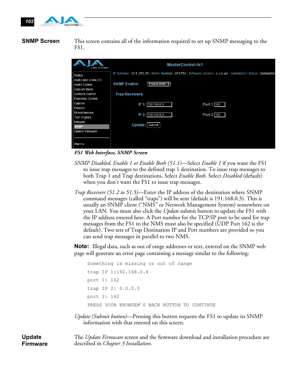 Snmp screen, Update firmware, Snmp screen update firmware | AJA FS1 Version 2.2.0.47 User Manual | Page 112 / 138