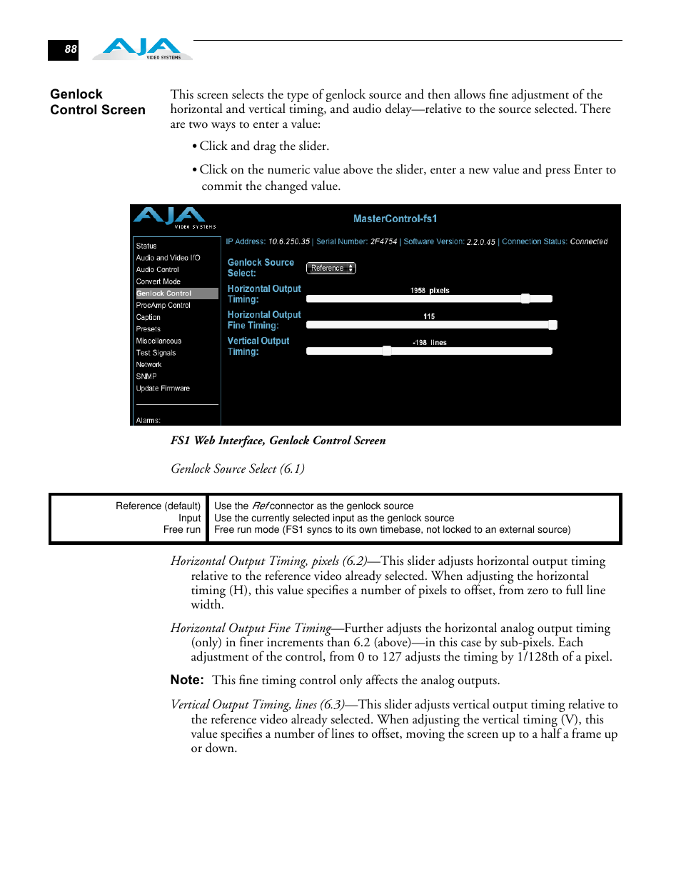 Genlock control screen | AJA FS1 Version 2.2.0.47 User Manual | Page 98 / 138