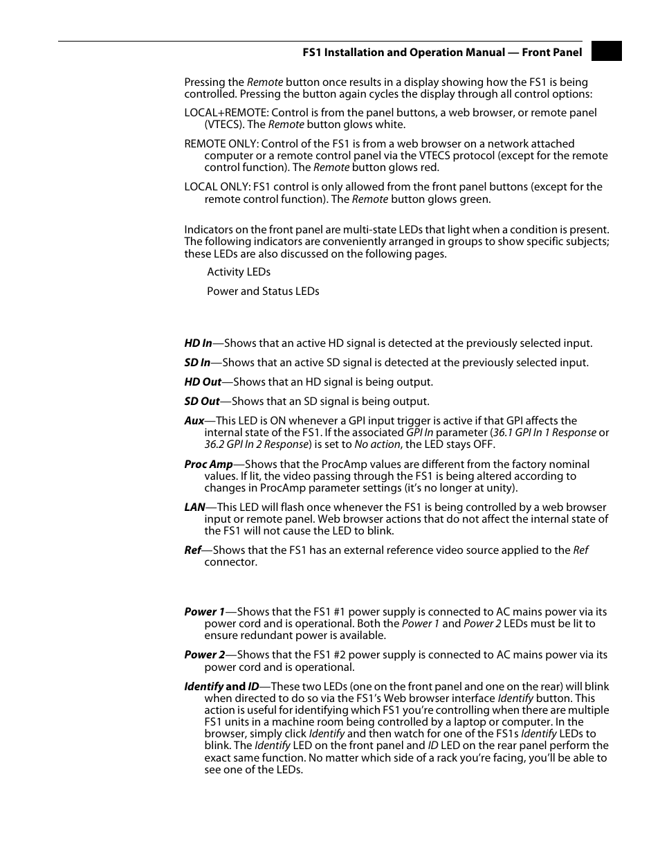 Remote control, Indicator descriptions, Activity indicators | Power and status indicators, Remote control indicator descriptions, Activity indicators power and status indicators | AJA FS1 Version 2.2.2.1 User Manual | Page 21 / 140