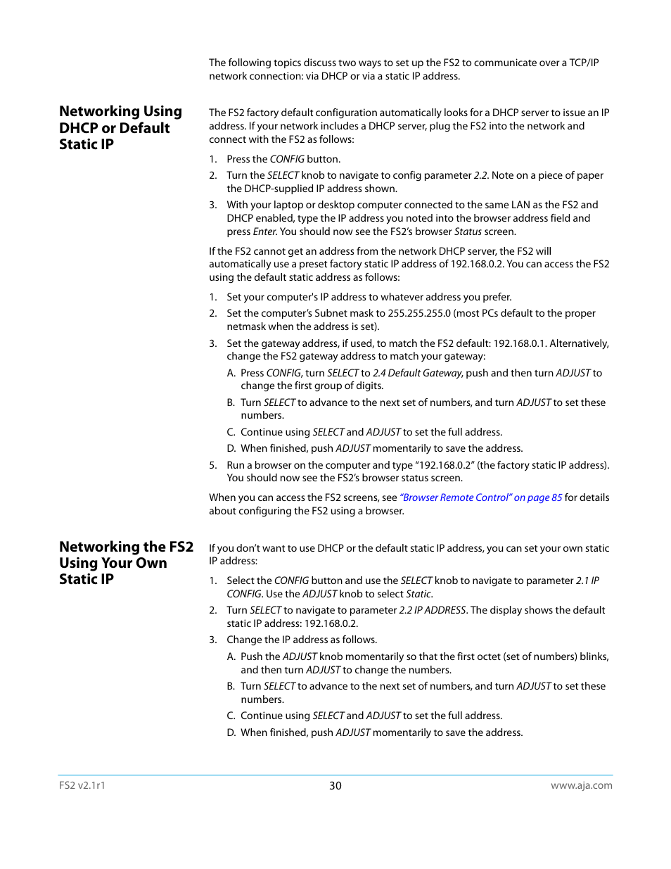 Networking using dhcp or default static ip, Networking the fs2 using your own static ip | AJA FS2 Manual User Manual | Page 30 / 125