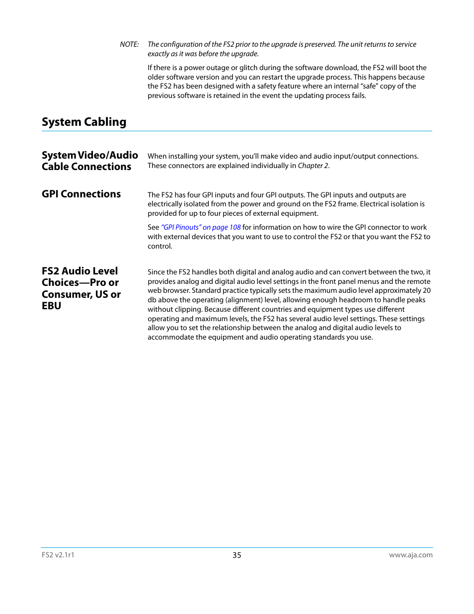 System cabling, System video/audio cable connections, Gpi connections | Fs2 audio level choices—pro or consumer, us or ebu | AJA FS2 Manual User Manual | Page 35 / 125