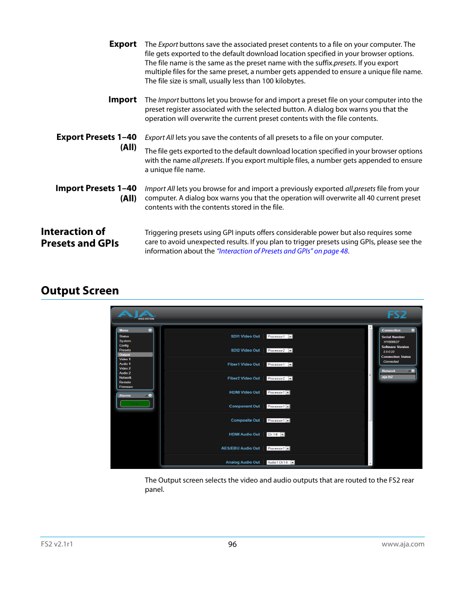 Export, Import, Export presets 1–40 (all) | Import presets 1–40 (all), Interaction of presets and gpis, Output screen | AJA FS2 Manual User Manual | Page 96 / 125
