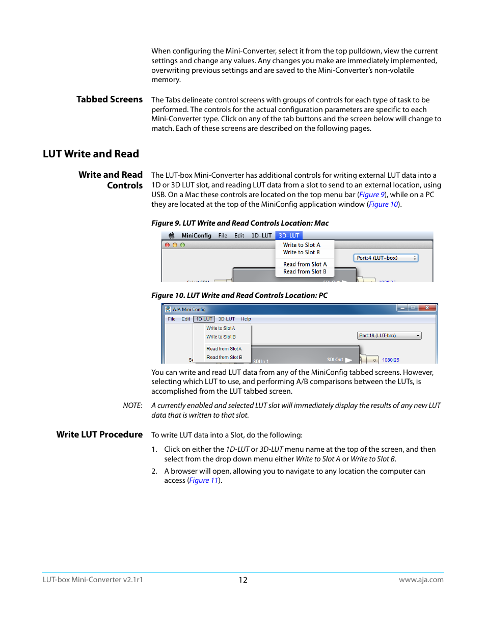 Tabbed screens, Lut write and read, Write and read controls | Write lut procedure, Write and read controls write lut procedure | AJA LUT-box User Manual | Page 12 / 34