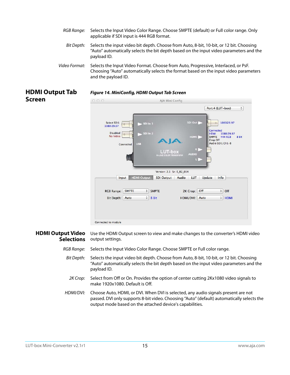 Hdmi output tab screen, Hdmi output video selections | AJA LUT-box User Manual | Page 15 / 34