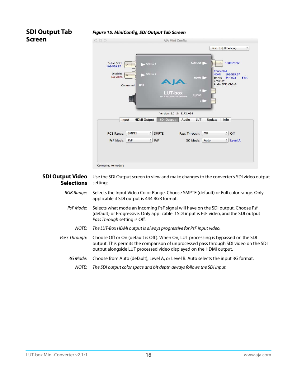 Sdi output tab screen, Sdi output video selections | AJA LUT-box User Manual | Page 16 / 34