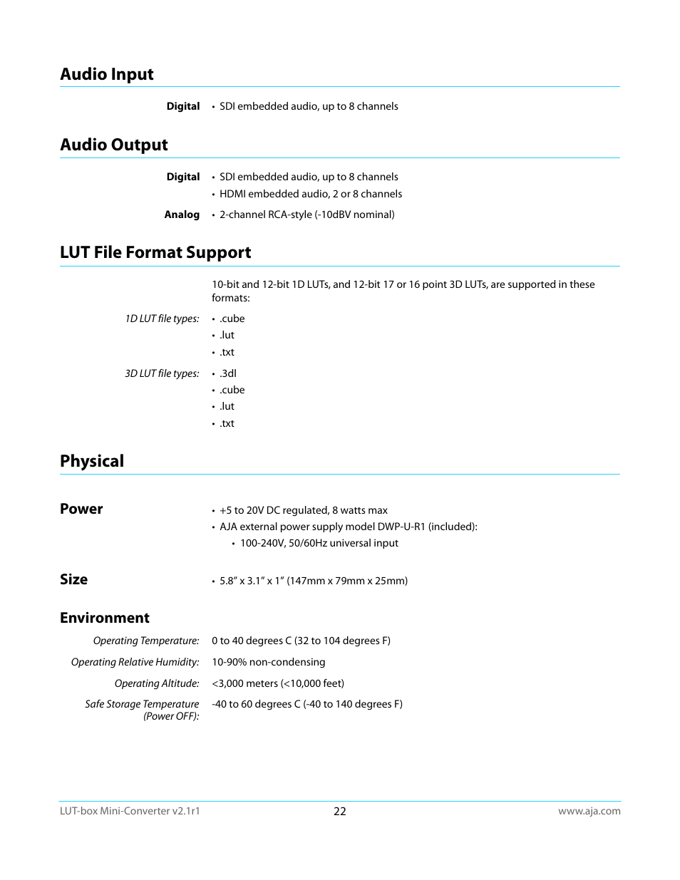Audio input, Audio output, Lut file format support | Physical, Power, Size, Environment, Power size environment | AJA LUT-box User Manual | Page 22 / 34