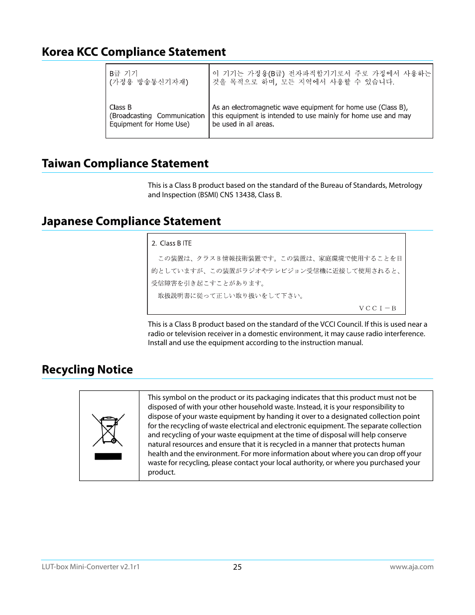 Korea kcc compliance statement, Taiwan compliance statement, Japanese compliance statement | Recycling notice | AJA LUT-box User Manual | Page 25 / 34