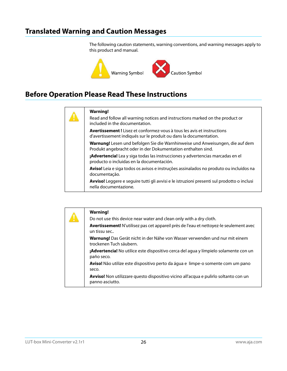 Translated warning and caution messages, Before operation please read these instructions | AJA LUT-box User Manual | Page 26 / 34