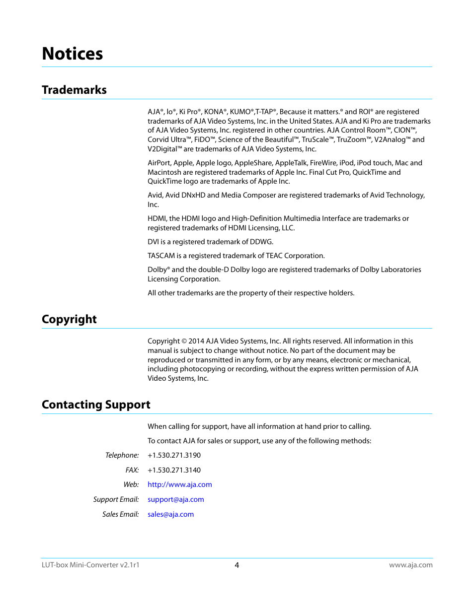 Trademarks, Copyright, Contacting support | Notices, Trademarks copyright contacting support | AJA LUT-box User Manual | Page 4 / 34