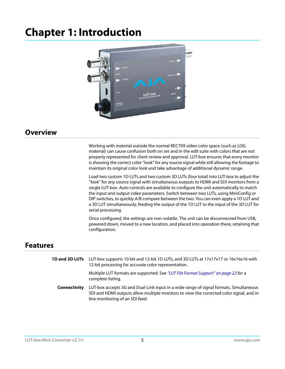 Chapter 1: introduction, Overview, Features | Overview features | AJA LUT-box User Manual | Page 5 / 34