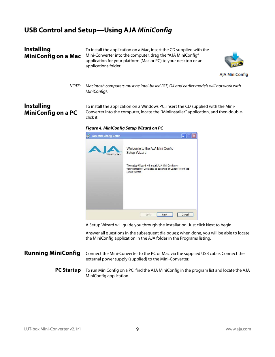 Usb control and setup—using aja miniconfig, Installing miniconfig on a mac, Installing miniconfig on a pc | Running miniconfig, Pc startup | AJA LUT-box User Manual | Page 9 / 34
