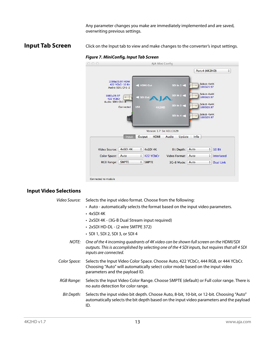 Input tab screen, Input video selections | AJA 4K2HD User Manual | Page 13 / 32