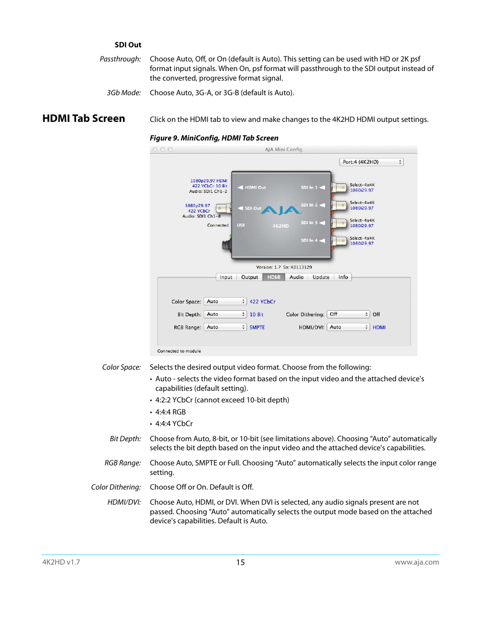 Hdmi tab screen | AJA 4K2HD User Manual | Page 15 / 32